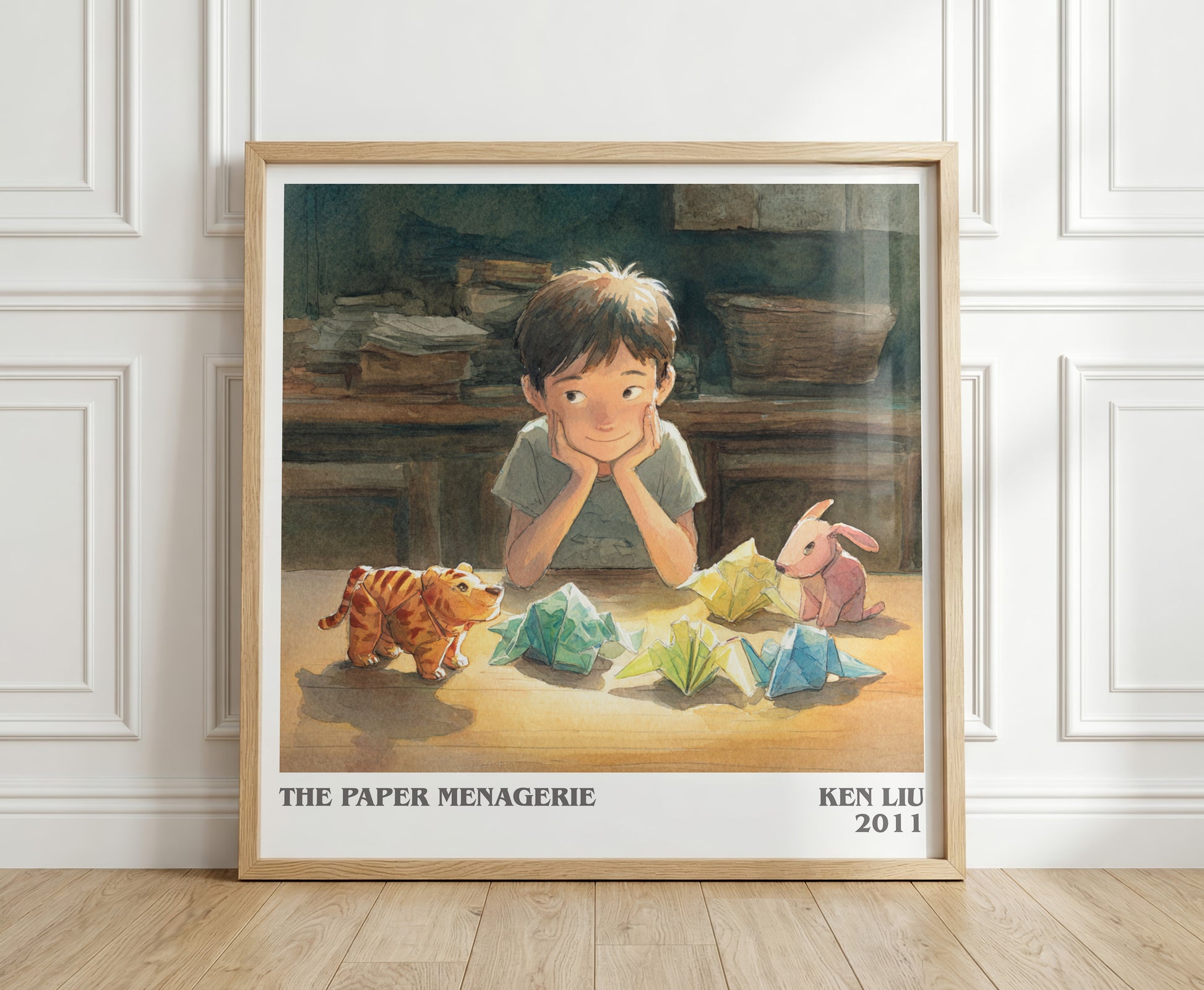 The Paper Menagerie literary print in frame leaning in hallway – fantasy wall art
