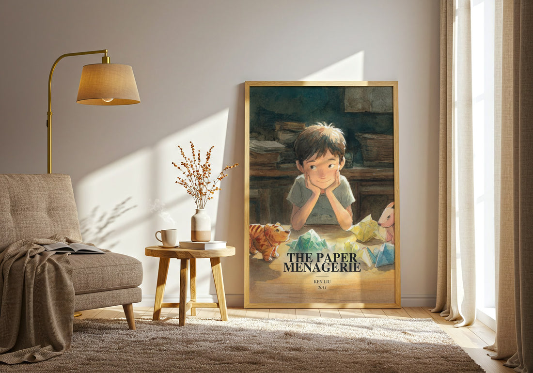 The Paper Menagerie watercolour print in frame leaning in hallway – sci fi wall art (mockup)
