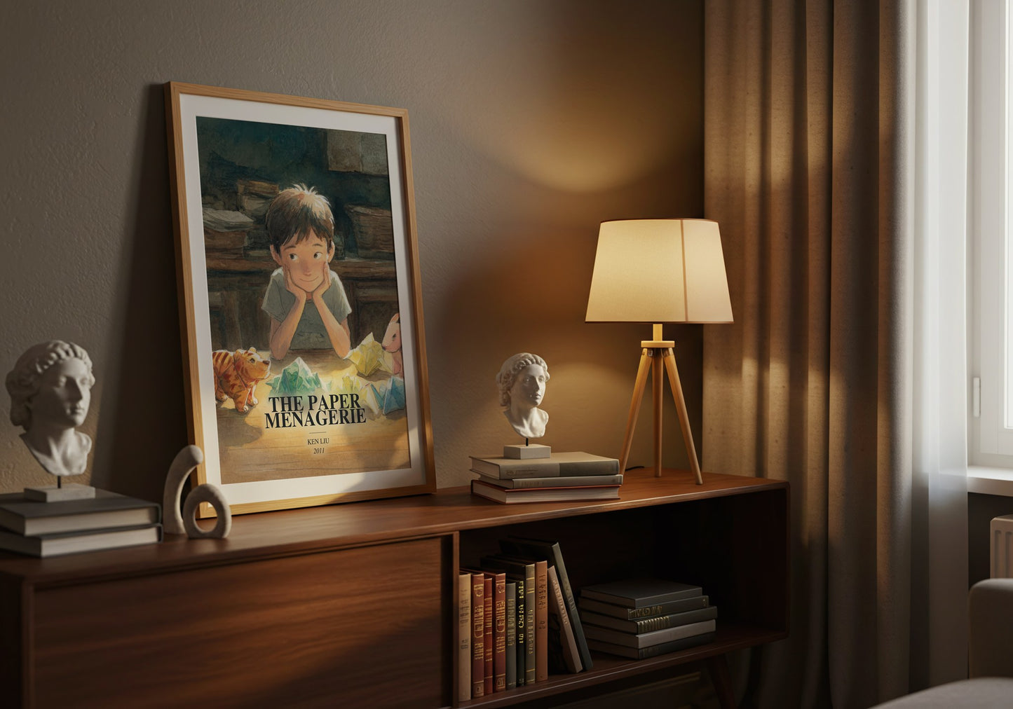 The Paper Menagerie watercolour print on bookshelf – Ken Liu fan gift