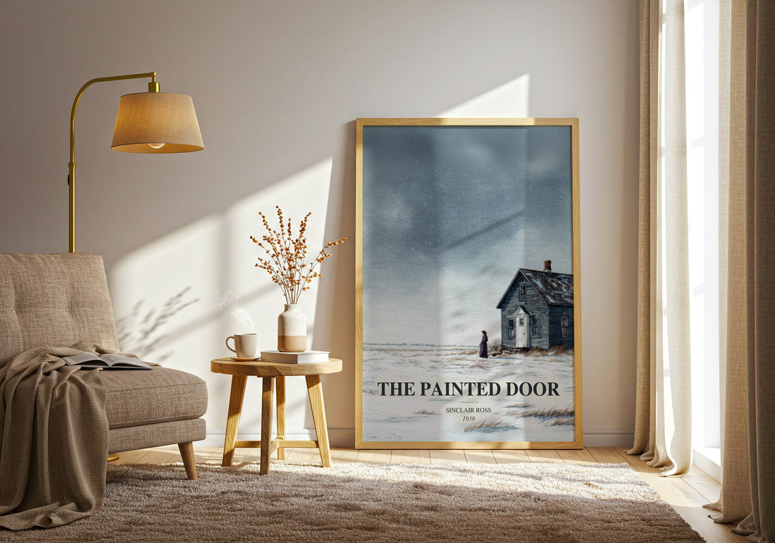 The Painted Door watercolour print in frame leaning in hallway – literary fiction wall art (mockup)
