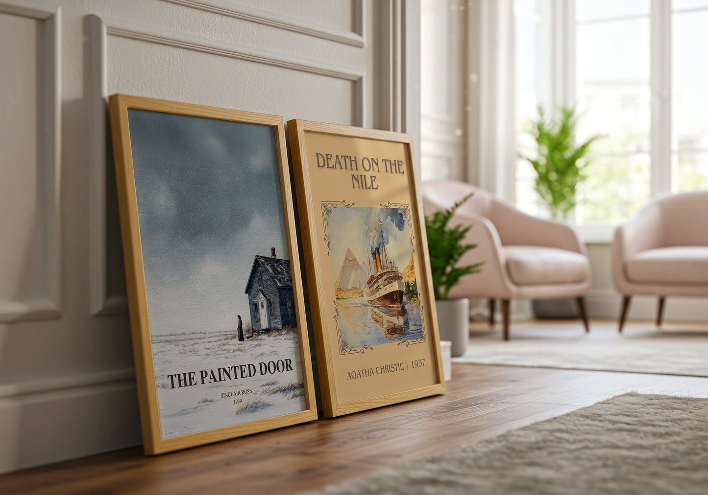 The Painted Door watercolour print framed by window – literary home decor