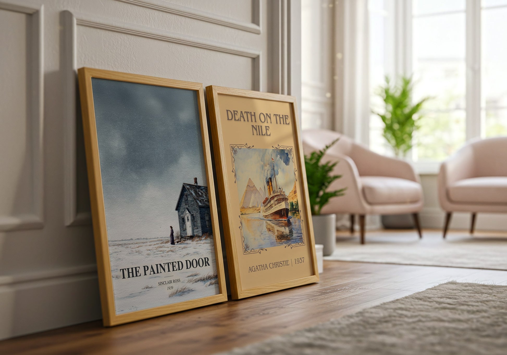 The Painted Door watercolour print framed by window – literary home decor