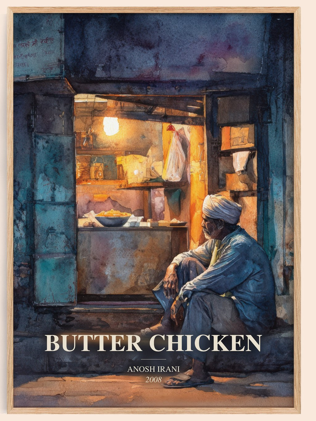 Butter Chicken watercolour book poster by Anosh Irani – framed literary art print