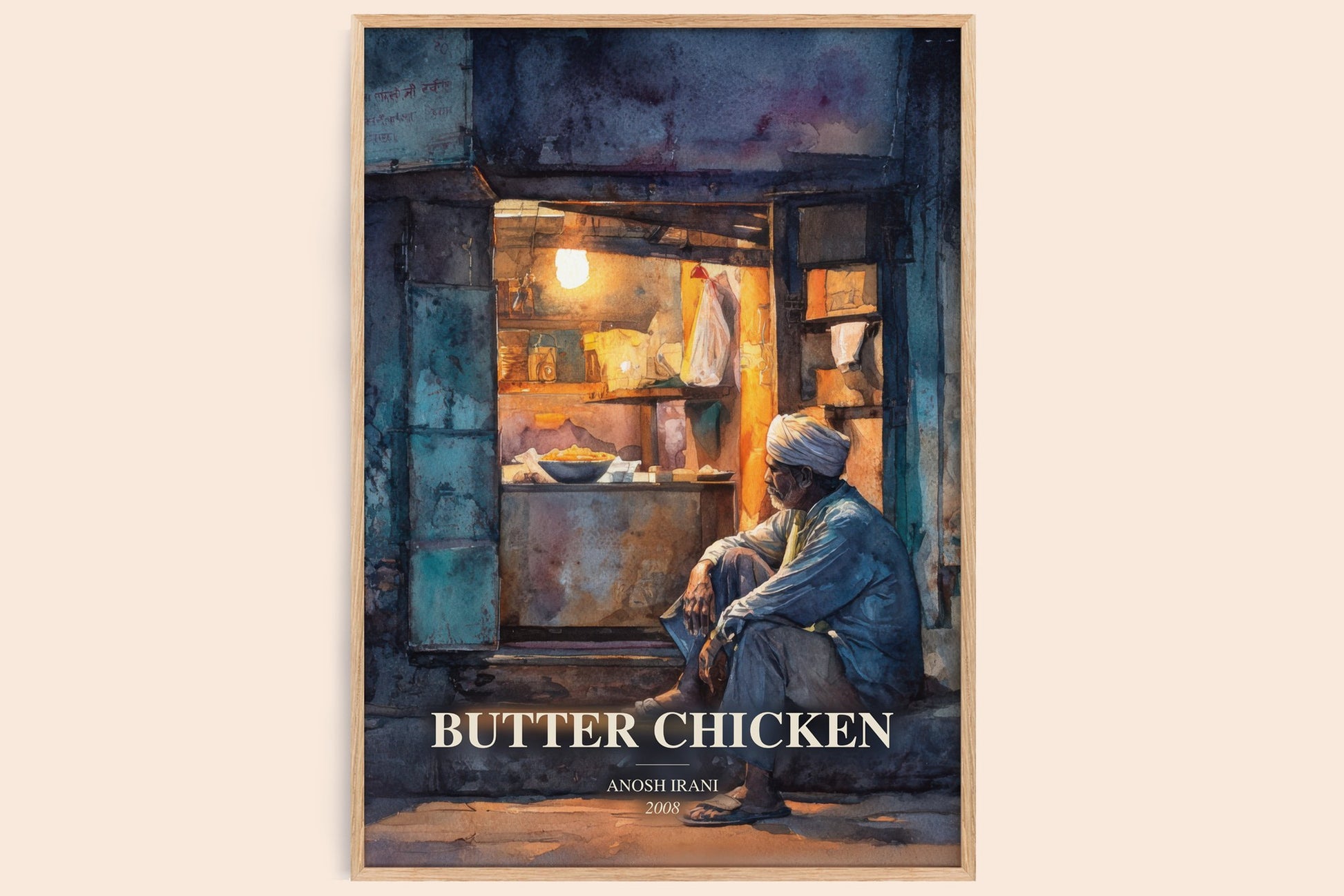 Butter Chicken watercolour book poster by Anosh Irani – framed literary art print