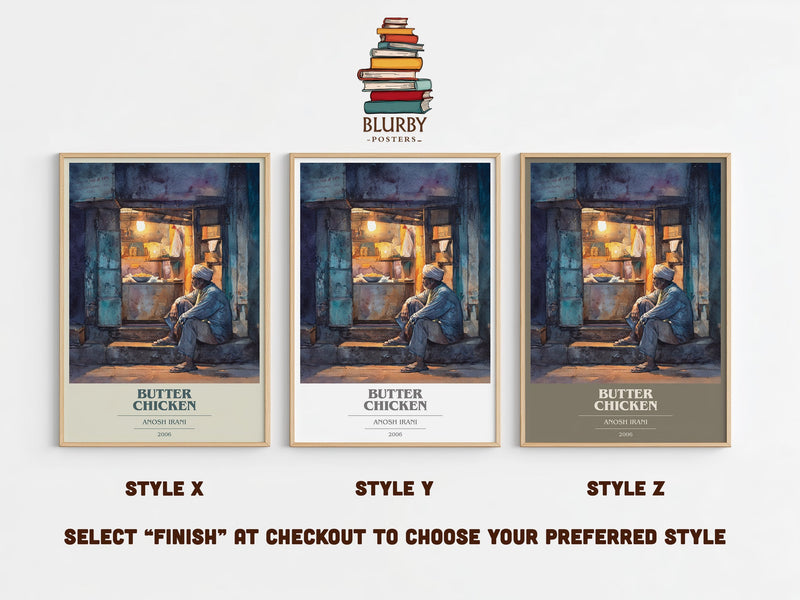 Butter Chicken book cover print in frame leaning in hallway – literary fiction wall art