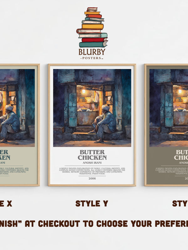Butter Chicken bookish print in frame leaning in hallway – literary fiction wall art