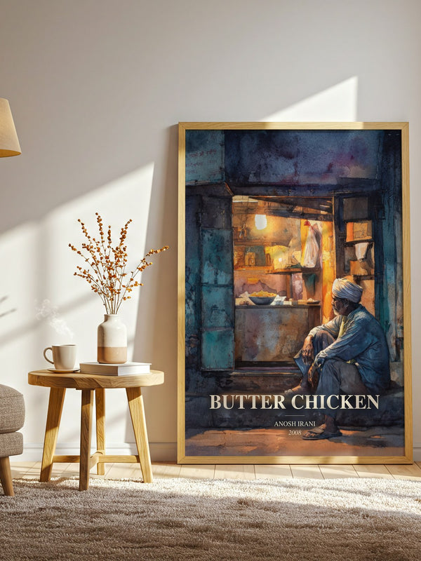 Butter Chicken watercolour print in frame leaning in hallway – contemporary fiction wall art