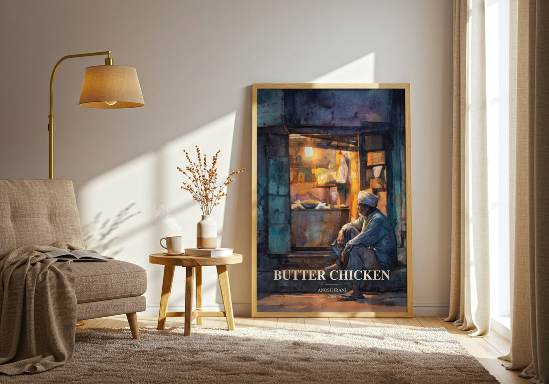 Butter Chicken watercolour print in frame leaning in hallway – contemporary fiction wall art (mockup)