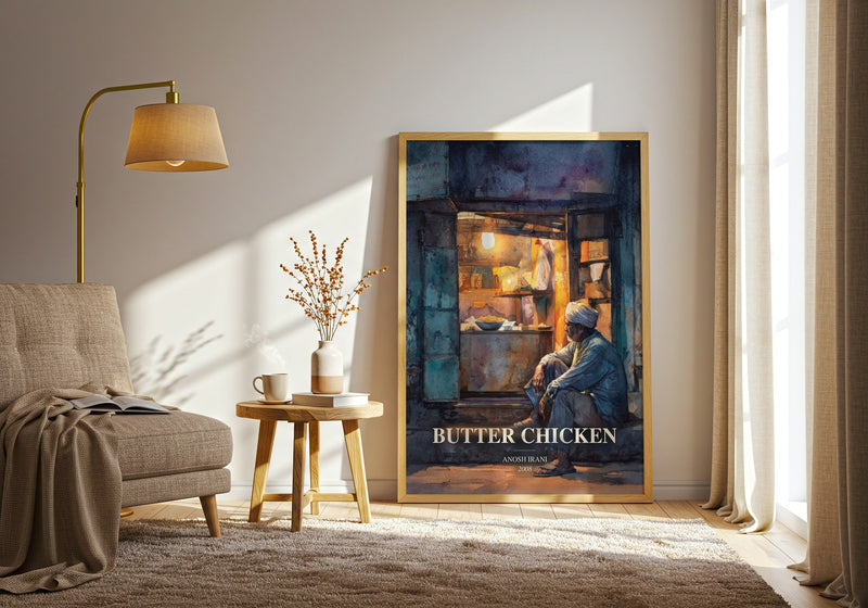 Butter Chicken watercolour print in frame leaning in hallway – contemporary fiction wall art