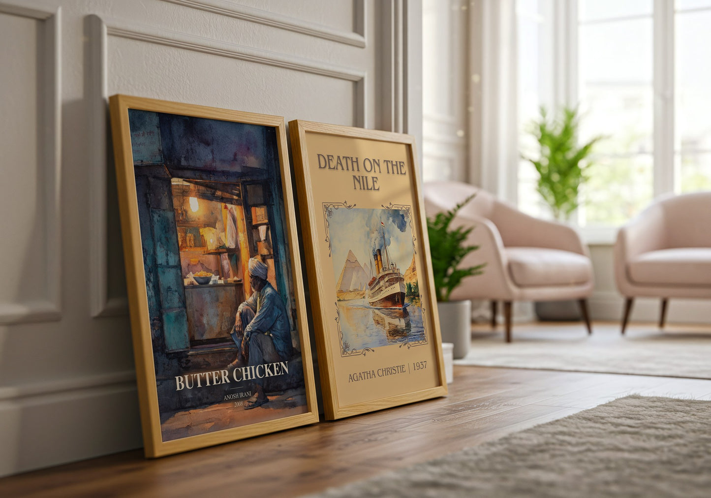 Butter Chicken watercolour print framed by window – literary home decor