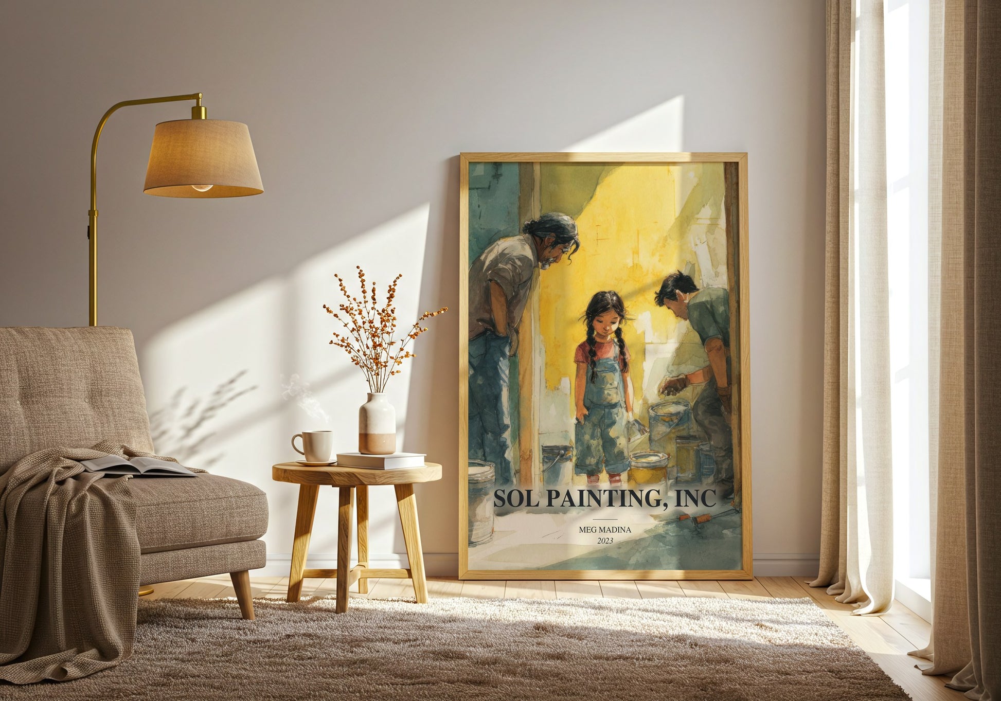 Sol Painting, Inc watercolour print in frame leaning in hallway – young adult wall art