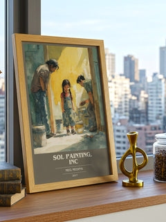 Sol Painting, Inc Book Cover Poster by Meg Madina – framed print on a city-view windowsill