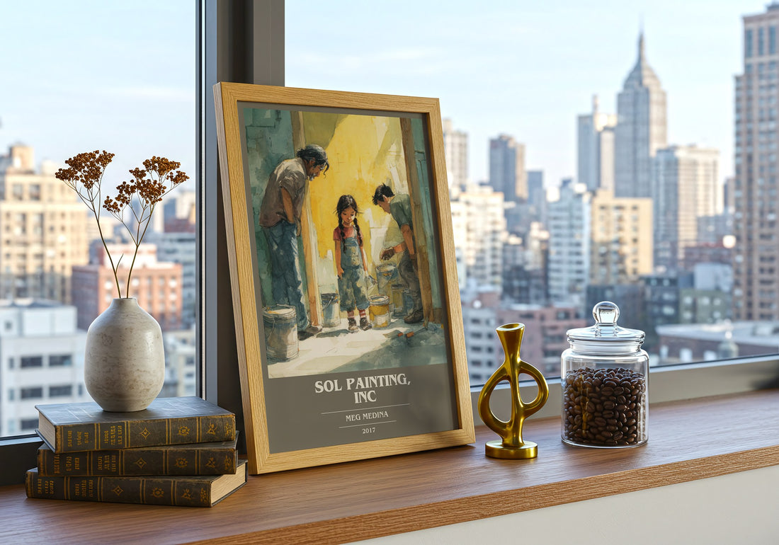 Sol Painting, Inc Book Cover Poster by Meg Madina – framed print on a city-view windowsill