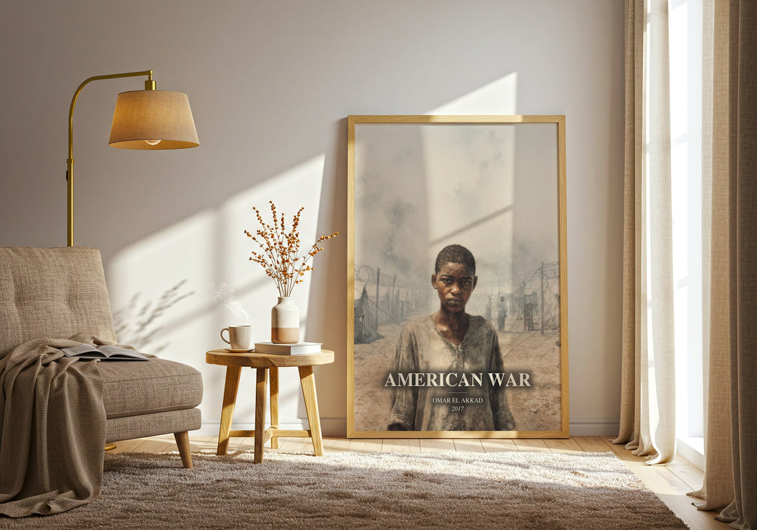 American War watercolour print in frame leaning in hallway – dystopian wall art (mockup)