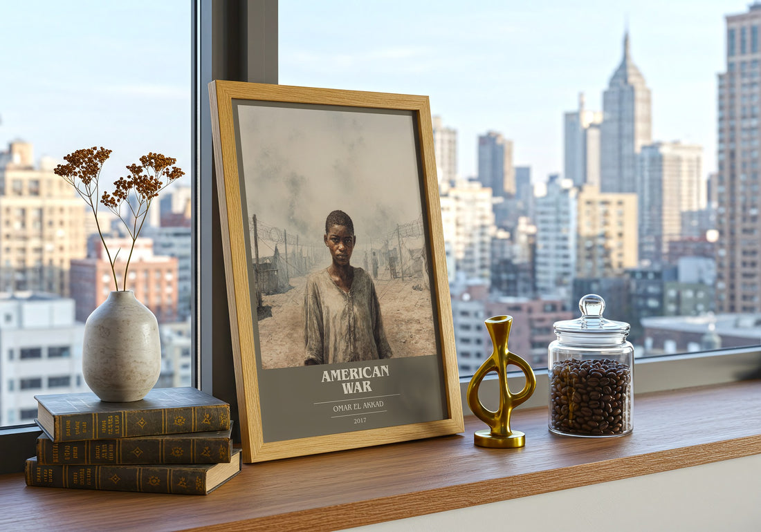 American War Book Cover Poster by Omar El Akkad – framed print on a city-view windowsill