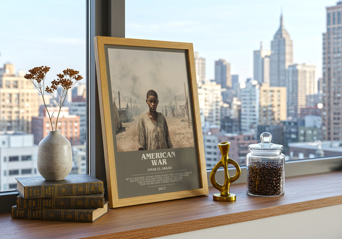 American War Bookish Wall Art by Omar El Akkad – framed print on a city-view windowsill