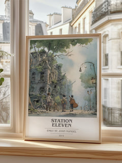Station Eleven Book Cover Poster by Emily St John Mandel – framed print by a bright window