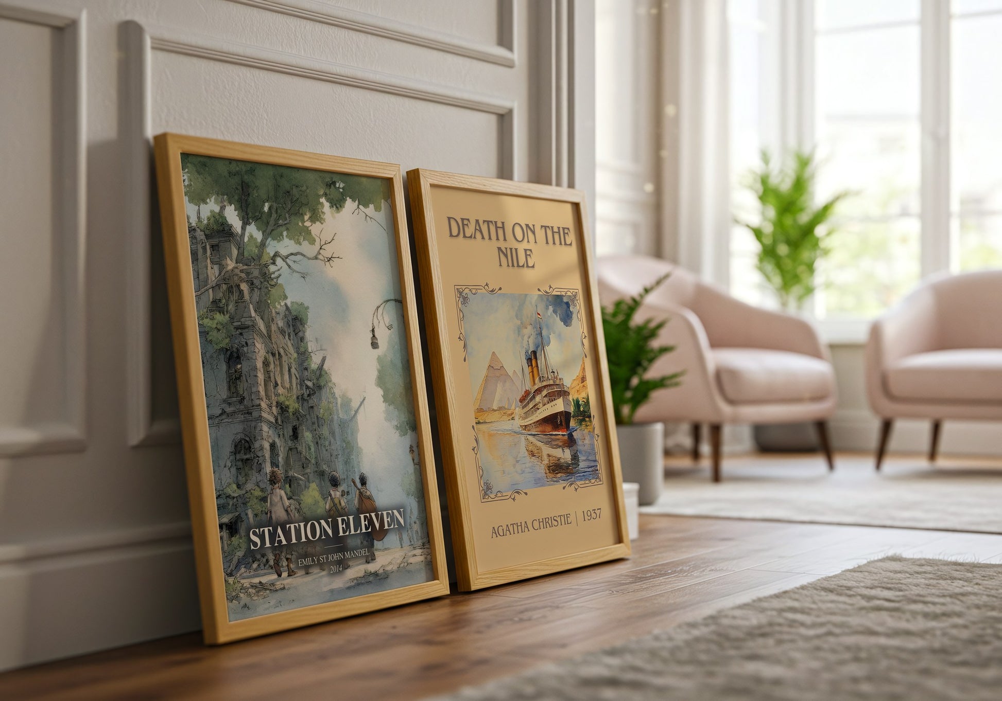 Station Eleven watercolour print framed by window – literary home decor
