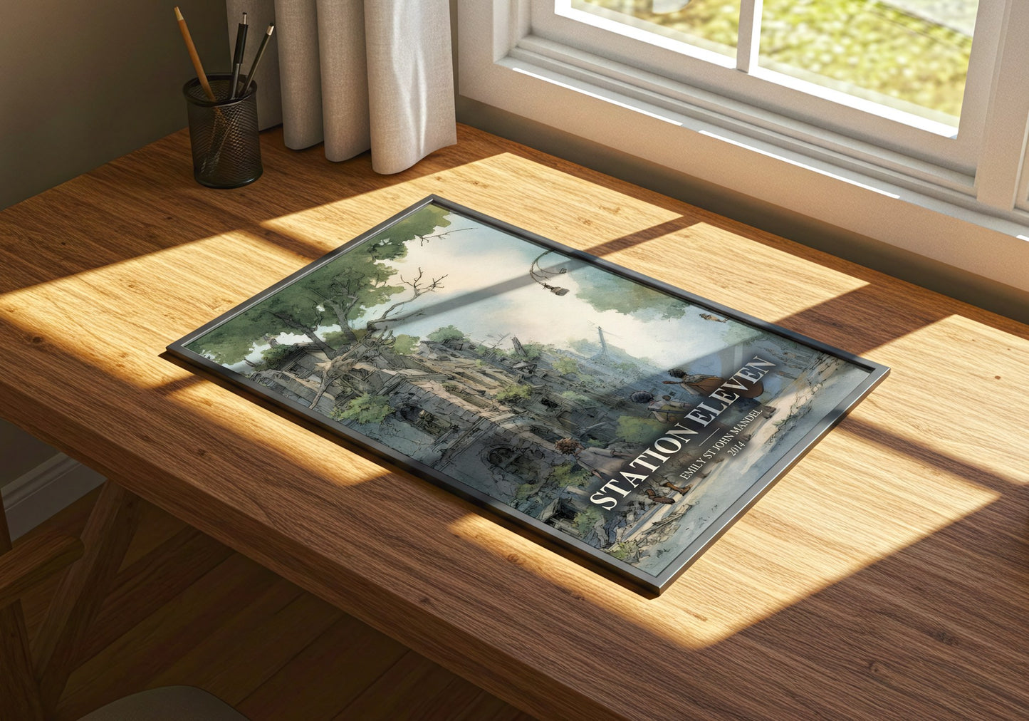Station Eleven watercolour book poster framed on wall – dystopian wall art
