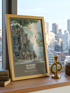 Station Eleven Book Cover Poster by Emily St John Mandel – framed print on a city-view windowsill