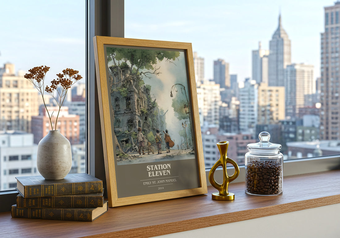 Station Eleven Book Cover Poster by Emily St John Mandel – framed print on a city-view windowsill