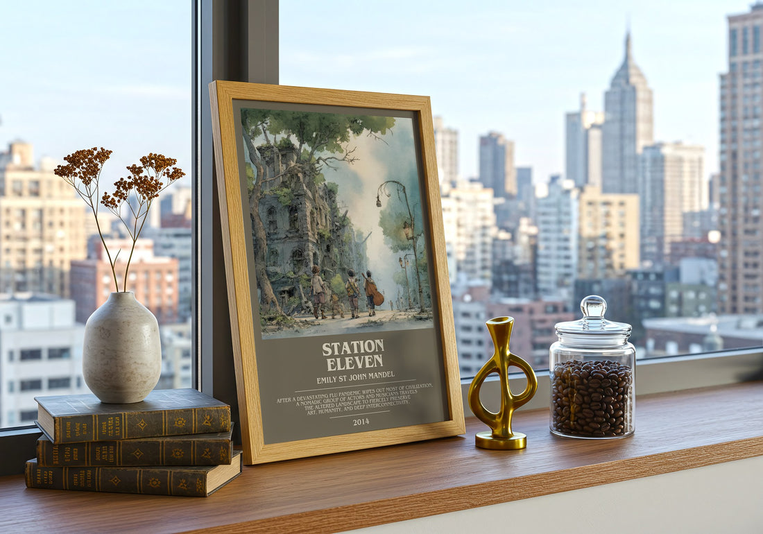 Station Eleven Bookish Wall Art by Emily St John Mandel – framed print on a city-view windowsill