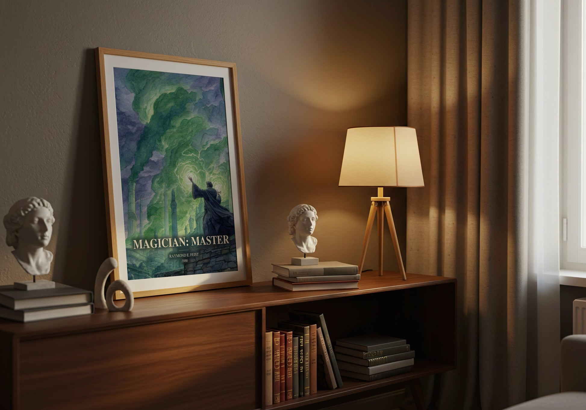 Magician: Master watercolour print on bookshelf – Raymond E. Feist fan gift