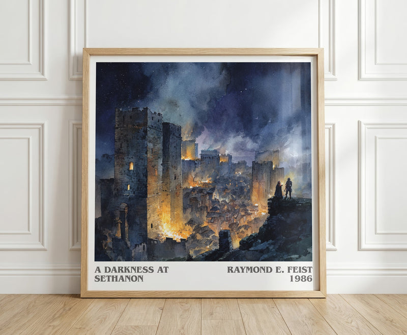 A Darkness at Sethanon literary print in frame leaning in hallway – fantasy wall art