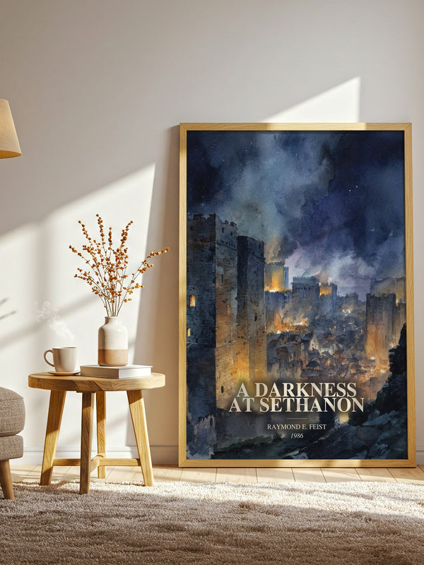 A Darkness At Sethanon watercolour print in frame leaning in hallway – fantasy wall art