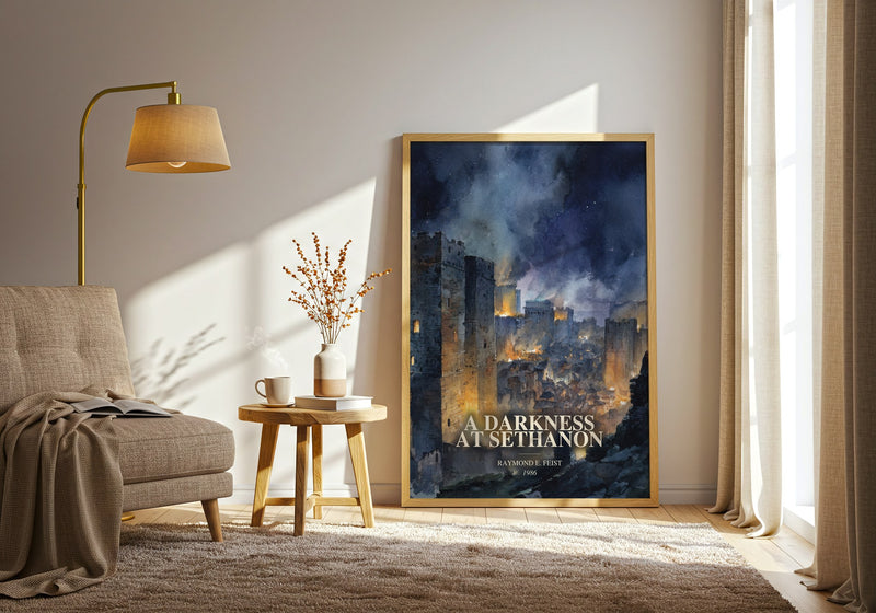 A Darkness At Sethanon watercolour print in frame leaning in hallway – fantasy wall art