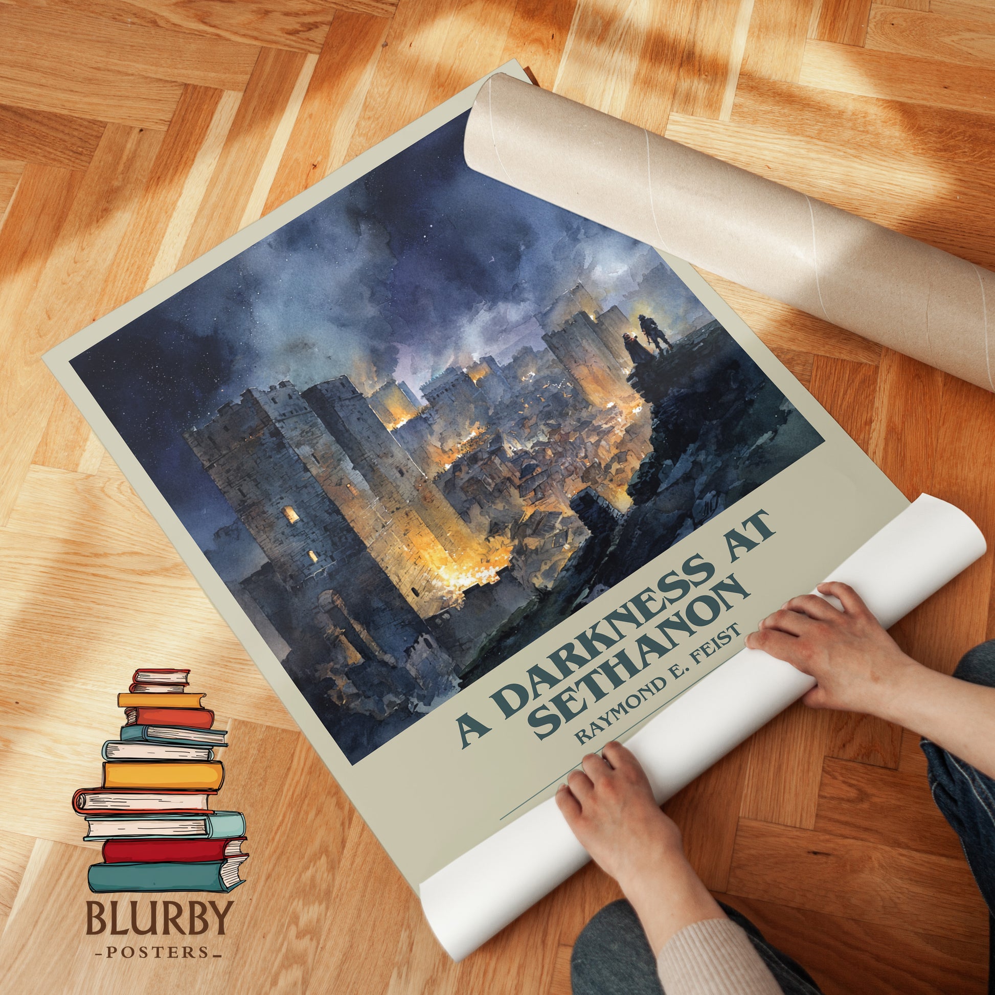 A Darkness at Sethanon bookish print on bookshelf – Raymond E. Feist fan gift