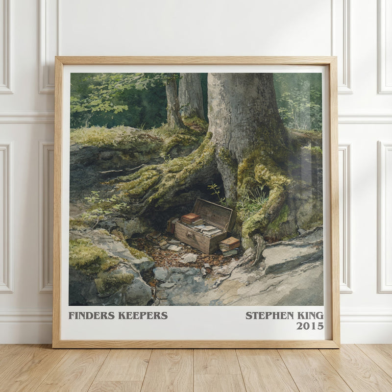 Finders Keepers literary print in frame leaning in hallway – thriller wall art