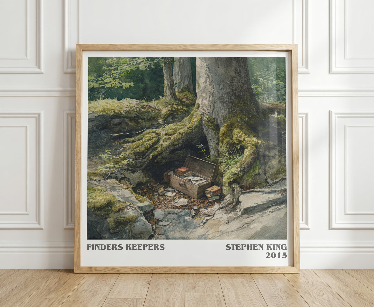 Finders Keepers literary print in frame leaning in hallway – thriller wall art