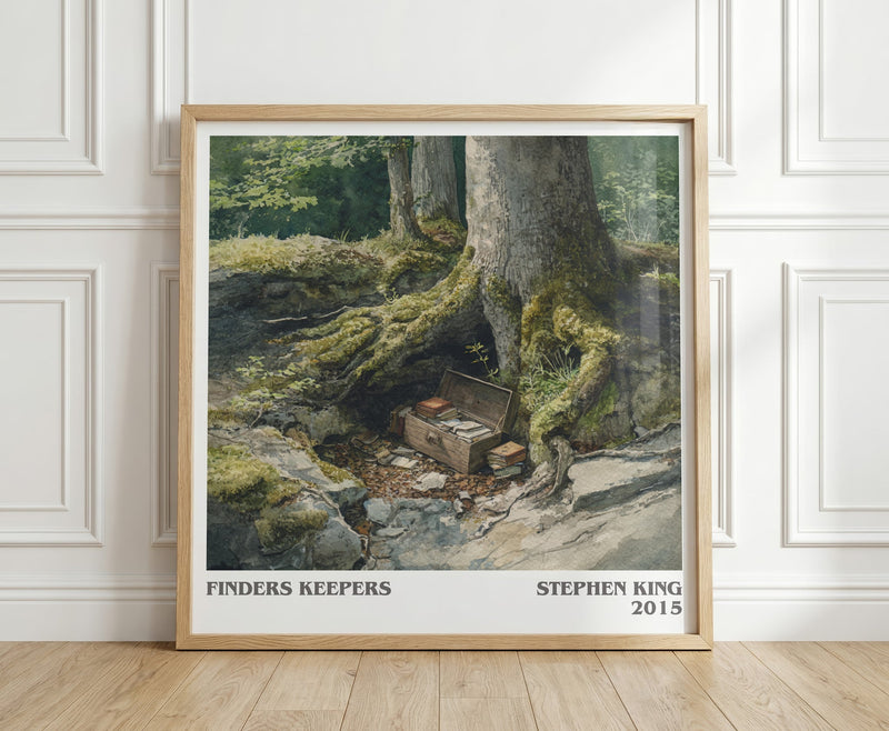 Finders Keepers literary print in frame leaning in hallway – thriller wall art