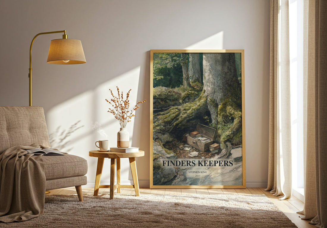 Finders Keepers watercolour print in frame leaning in hallway – thriller wall art (mockup)