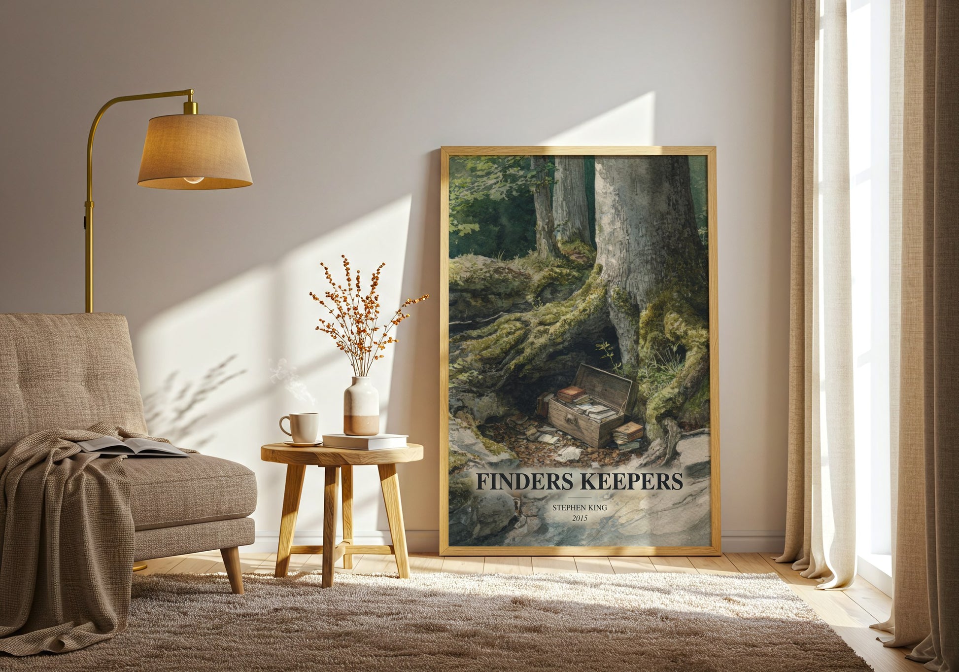 Finders Keepers watercolour print in frame leaning in hallway – thriller wall art