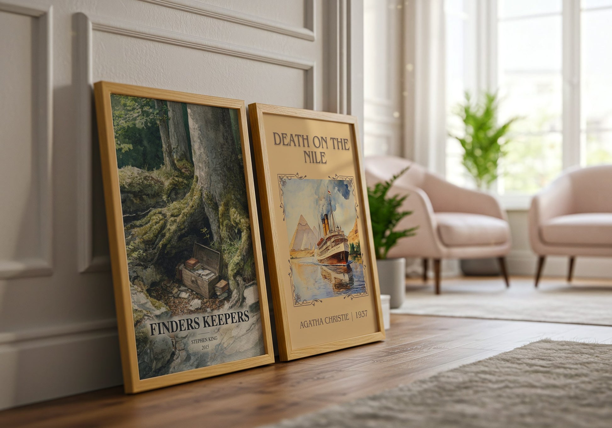 Finders Keepers watercolour print framed by window – literary home decor