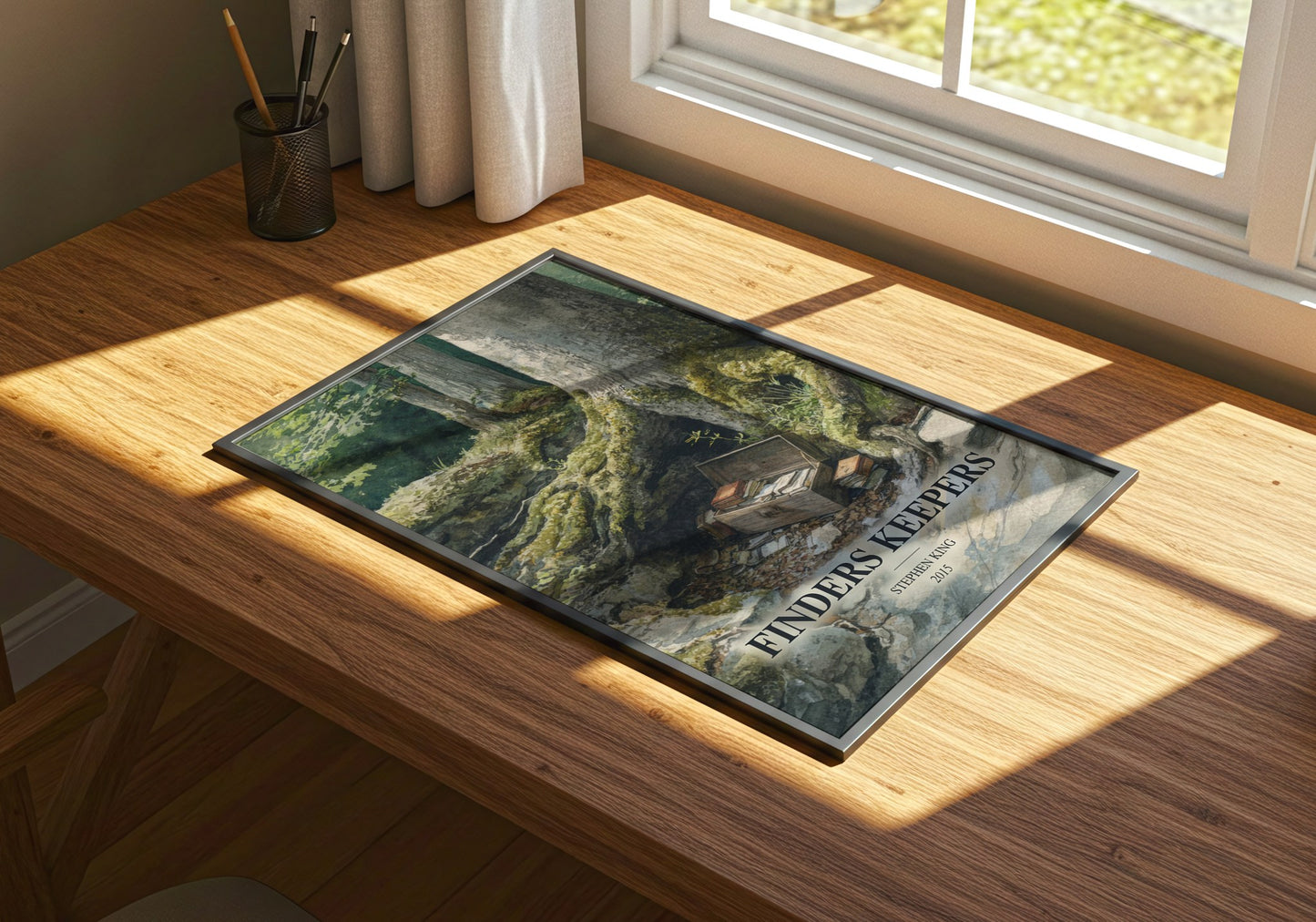 Finders Keepers watercolour book poster framed on wall – thriller wall art