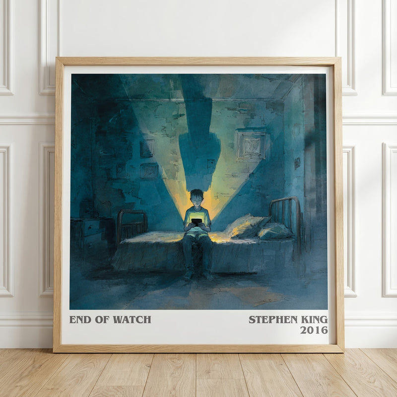 End of Watch literary print in frame leaning in hallway – horror wall art