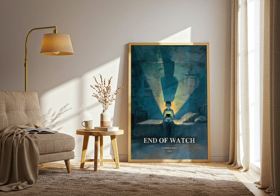 End Of Watch watercolour print in frame leaning in hallway – thriller wall art (mockup)