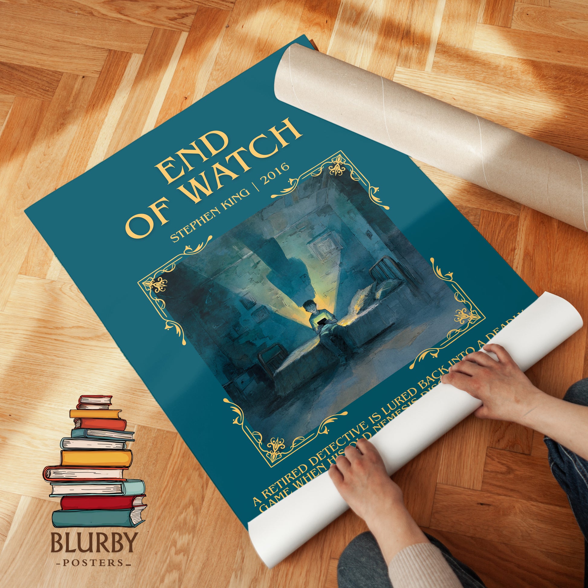 End of Watch minimalist print on bookshelf – Stephen King fan gift