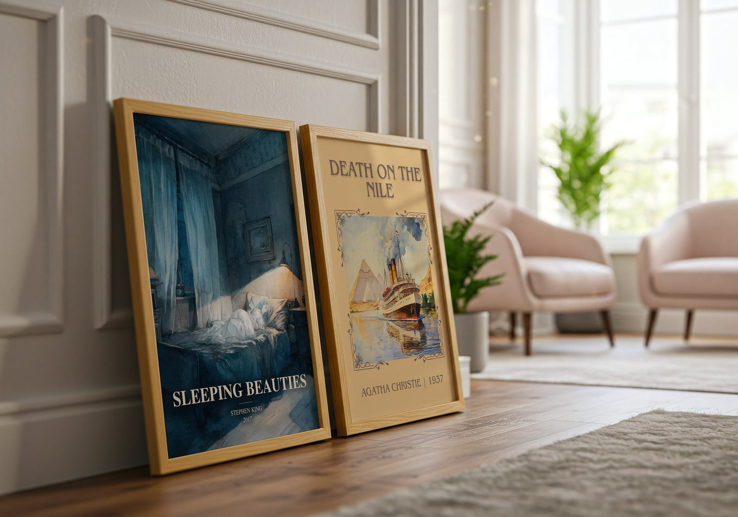Sleeping Beauties watercolour print framed by window – literary home decor
