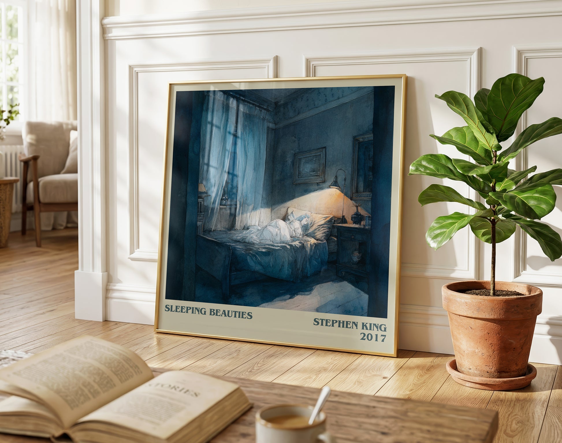 Sleeping Beauties literary print on bookshelf – Stephen King fan gift