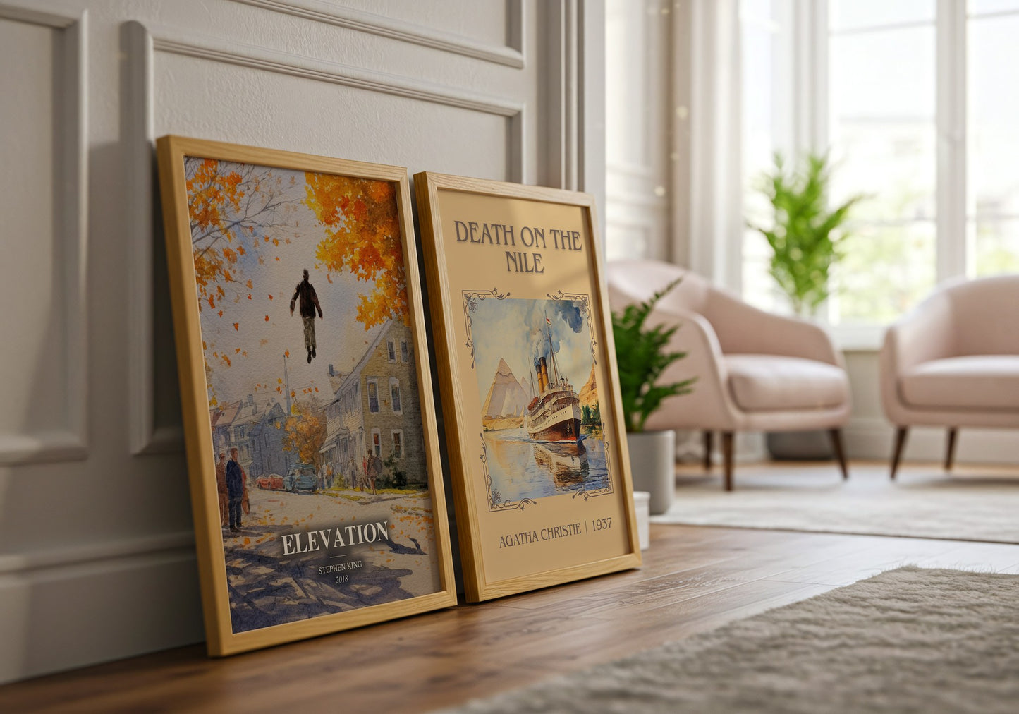 Elevation watercolour print framed by window – literary home decor