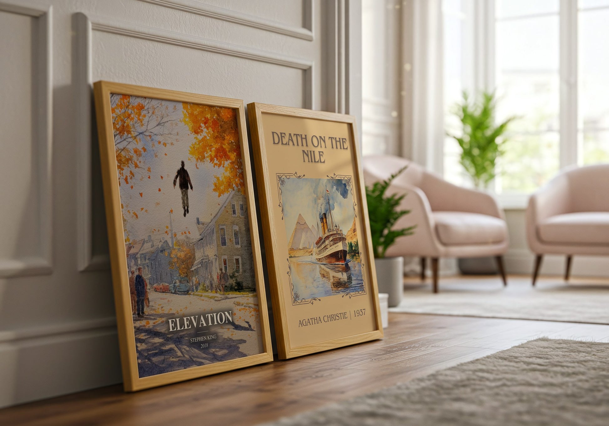 Elevation watercolour print framed by window – literary home decor