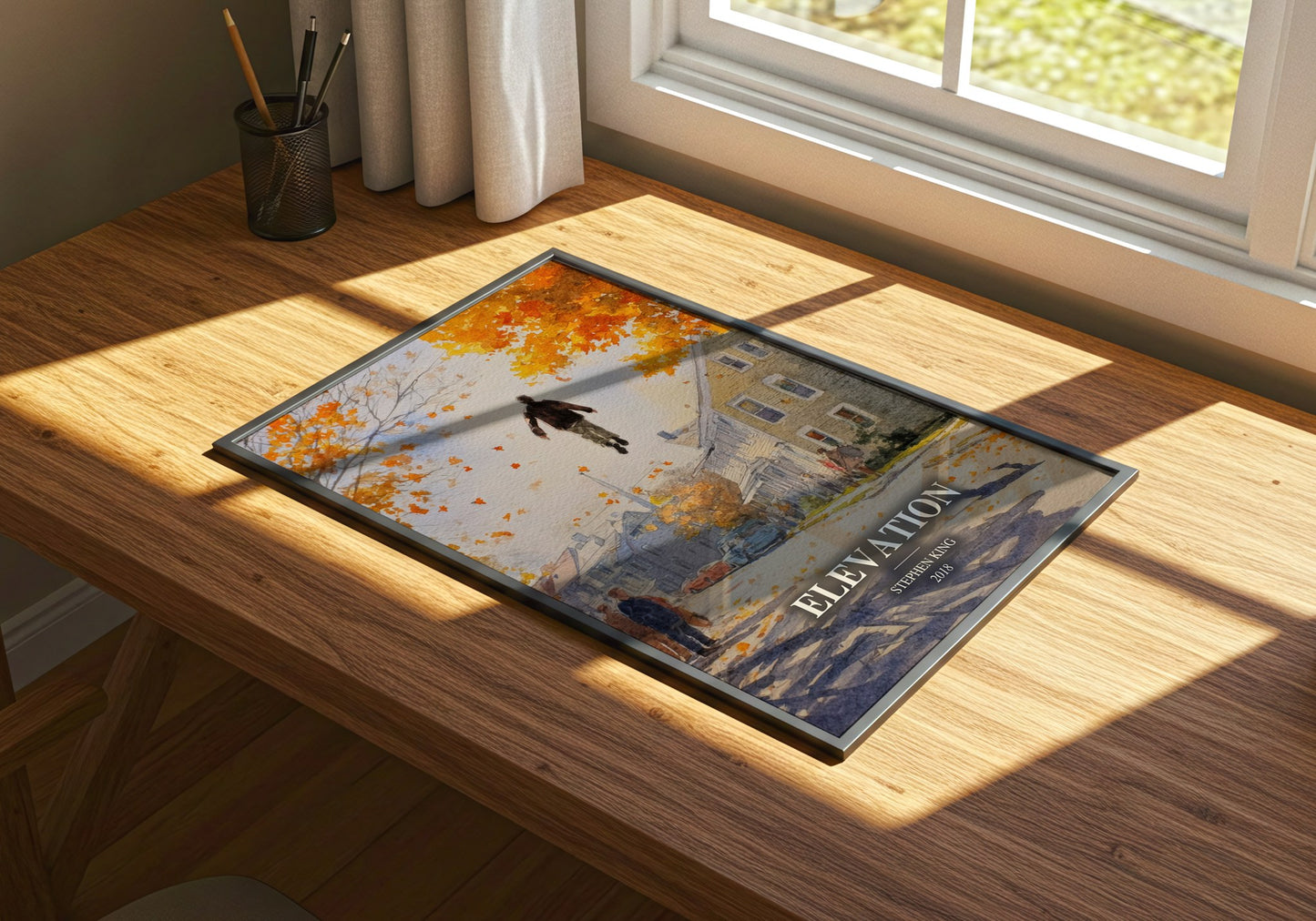 Elevation watercolour book poster framed on wall – literary fiction wall art