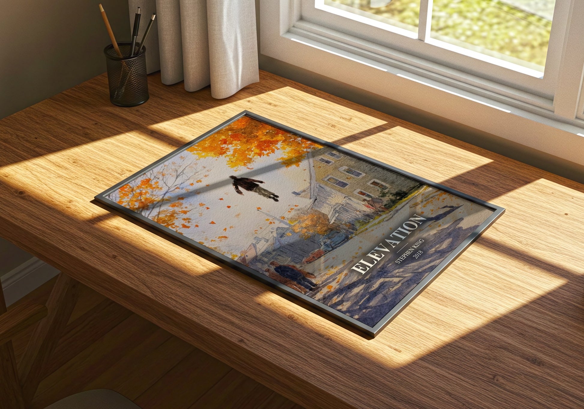 Elevation watercolour book poster framed on wall – literary fiction wall art