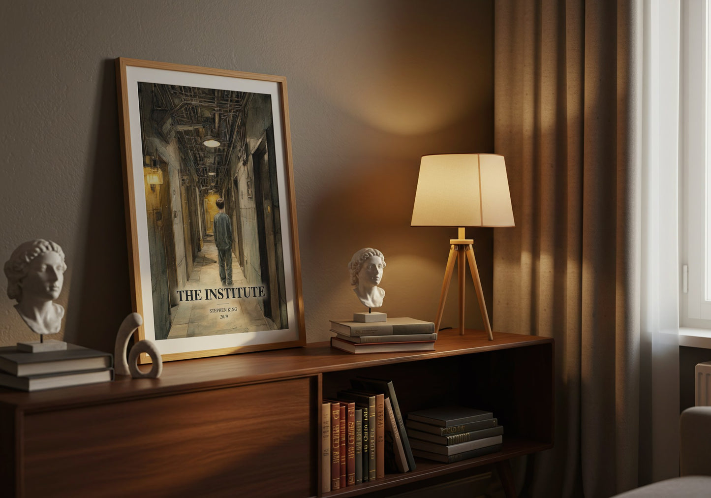 The Institute watercolour print on bookshelf – Stephen King fan gift