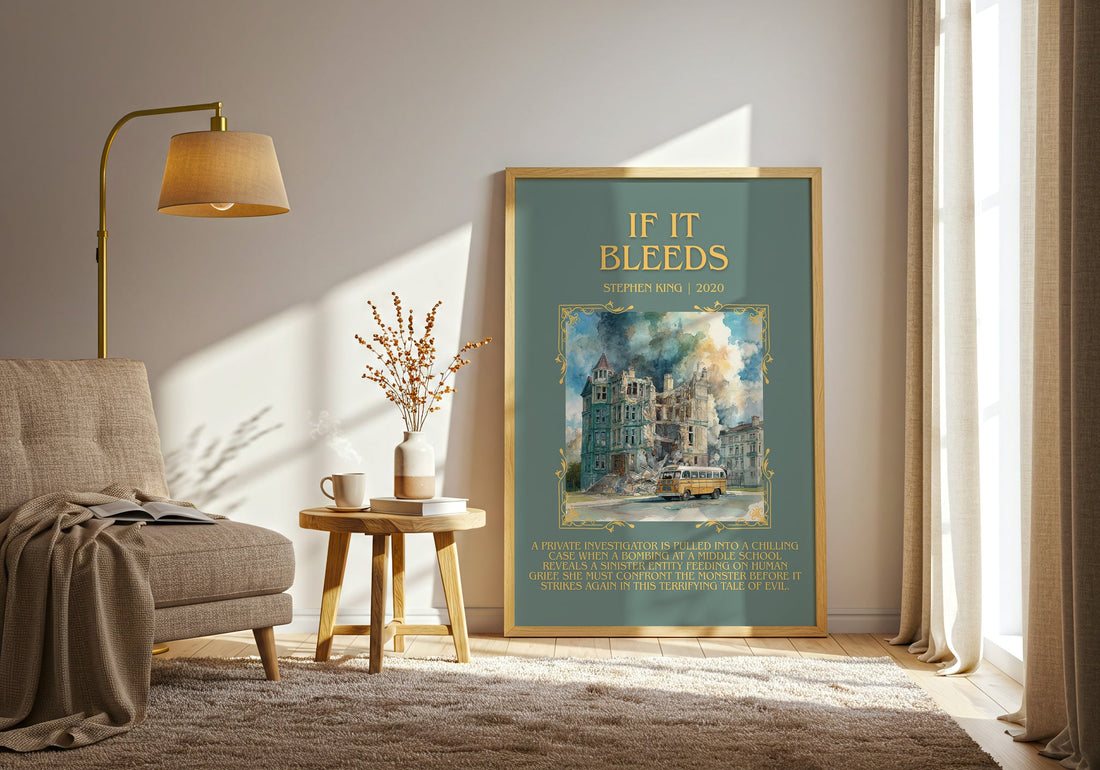 If It Bleeds minimalist print in frame leaning in hallway – horror wall art (mockup)