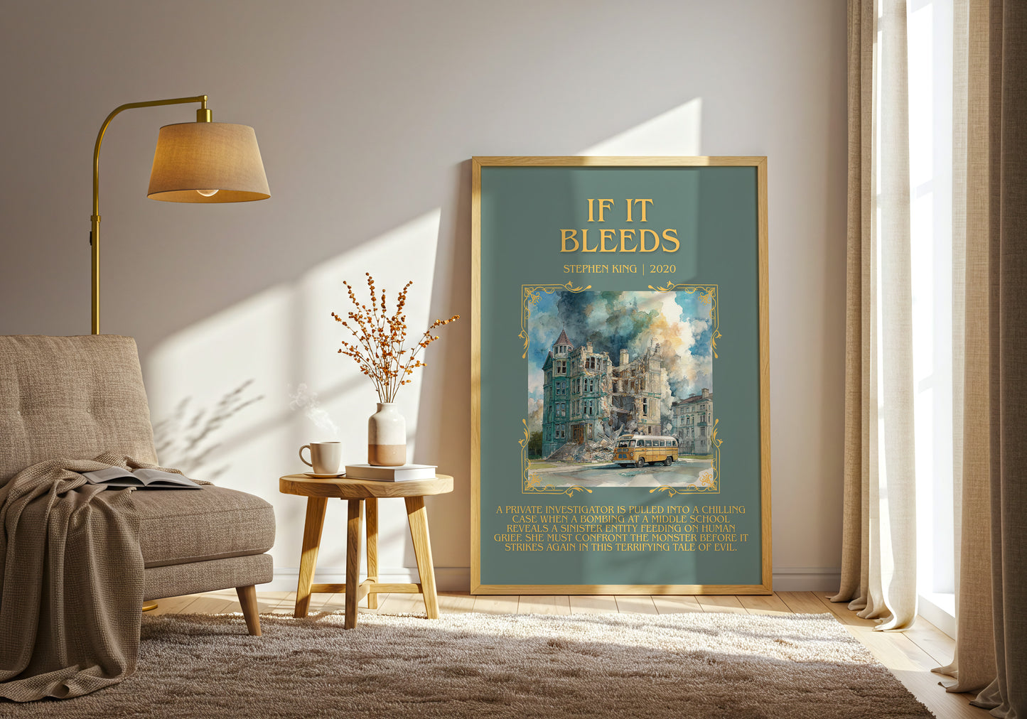 If It Bleeds minimalist print in frame leaning in hallway – horror wall art